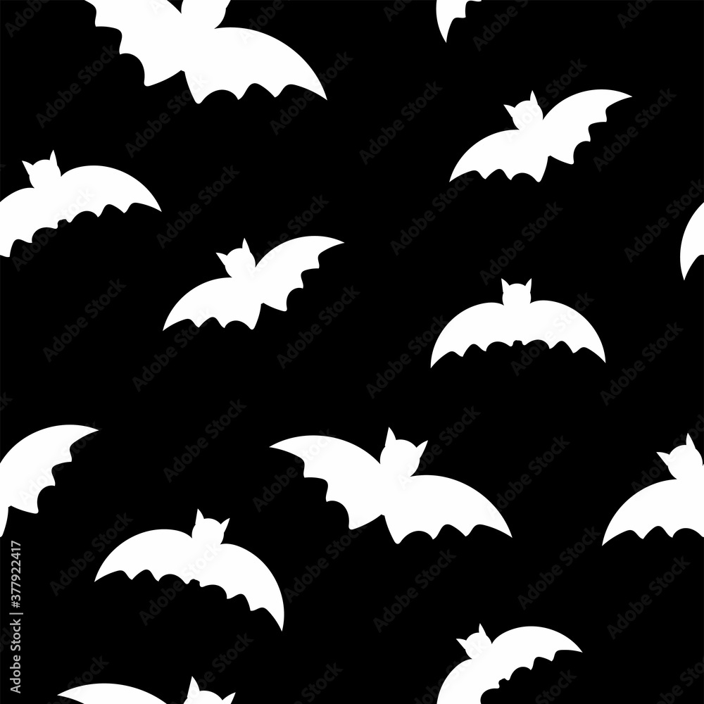 Halloween silhouettes seamless pattern. Horror flying bat white doodle creative design textile, wrapping, wallpaper vector texture on black background