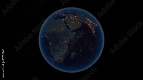 Earth at Night. 3D Illustration of Earth Bathed in City Lights at Night. City Lights of Europe, Asia and Africa. Country Borders.