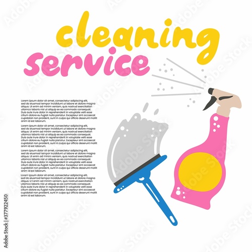 Cleaning service. Spray and brush for cleaning windows, household chemicals. Poster banner template for house cleaning services with lorem ipsum. Hand drawn cartoon vector illustration with lettering