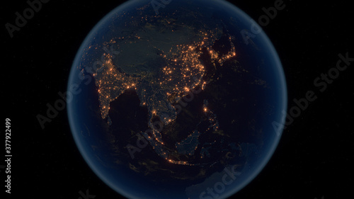 Far East. The Night View of City Lights. Eastern Asia - Planet Earth. Political Borders of East Asian Countries: China, Japan, Mongolia, Korea, India. Super Detailed Space View. 3D Illustration.
