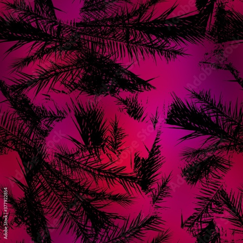 Seamless Miami night tropical pattern black foliage on sunset blur. High quality illustration. Swim  sports  or resort wear repeat print. Dark foreground on blurred background. Dark vibrant colors.