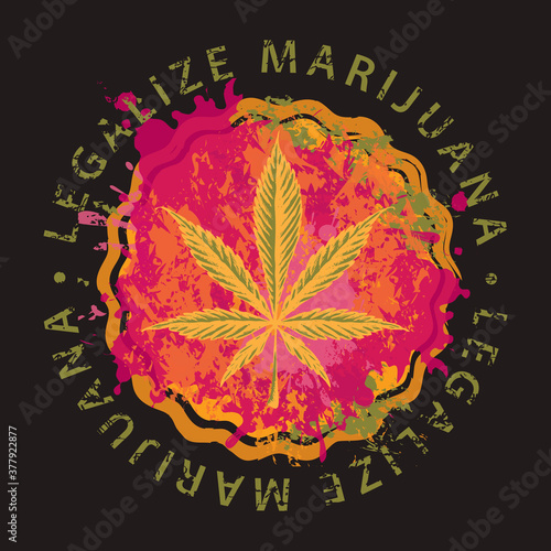 Hand-drawn cannabis leaf on a bright abstract pizza. Vector illustration on the topic of legalize marijuana. Hallucinogenic pizza with hemp. Drug use of cannabis. Smoking weed