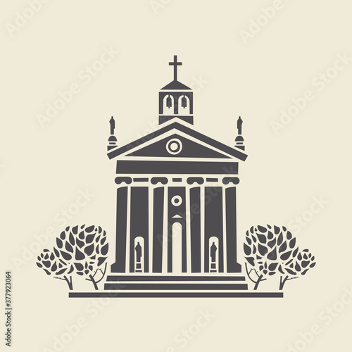 Icon or stencil of a stylized bell tower with columns and bushes. Decorative vector illustration of a chapel in flat style, isolated on a light background