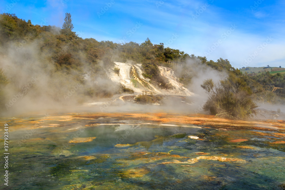Orakei Korako geothermal area, New Zealand. Steam rises from a colorful hot spring Orakei Korako geothermal area, New Zealand. Steam rises from a colorful hot spring