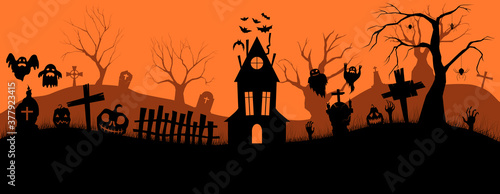 Happy Halloween banner. Holiday event halloween banner background concept. Template for advertising brochure. Composition of silhouettes.  Vector illustration.
