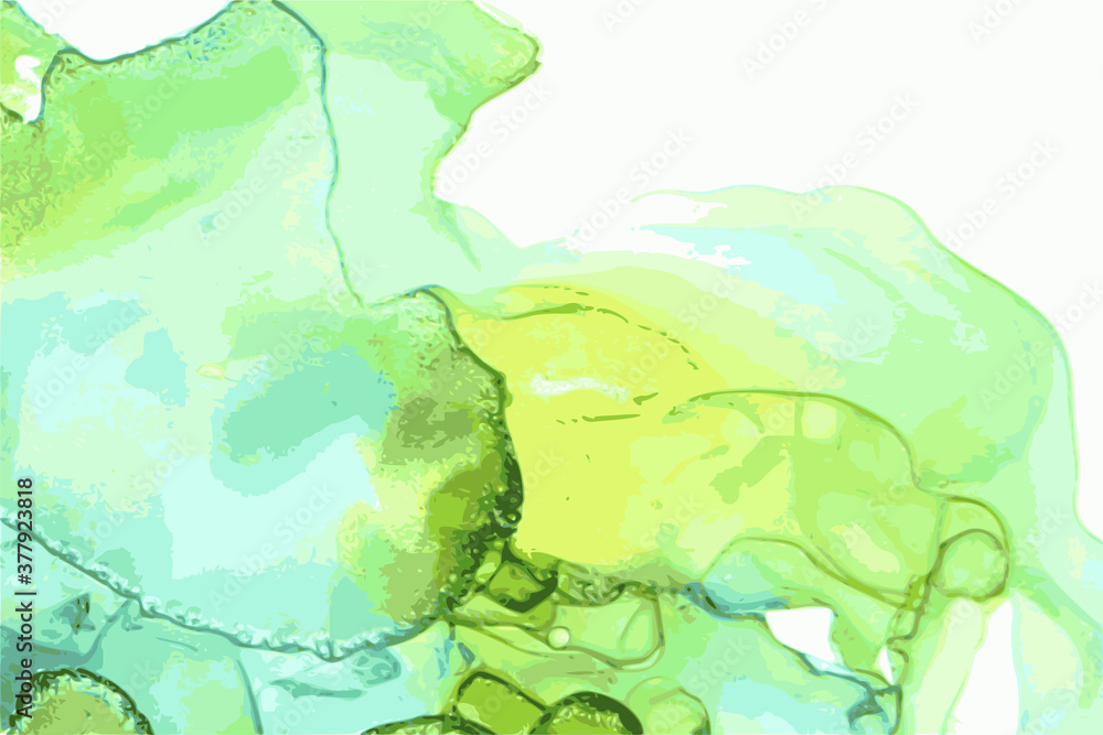 Light ocean blue, green, and yellow stone background with texture of marble. Alcohol ink oriental technique. Abstract vector art. Flow paint in natural colors. Template for banner, poster.
