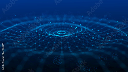 Wave of particles. Abstract background with a dynamic wave. Futuristic wave of blue dots. Futuristic particles background. Big data visualization. 3D rendering.