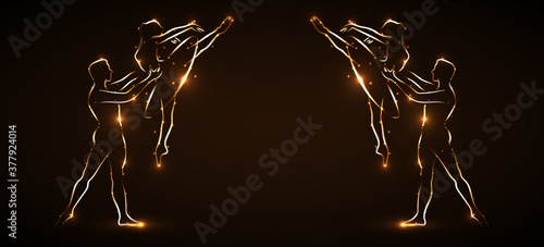 Two couples dancing ballet. Competitions on synchronous choreography. Abstract silhouette ballet dancers, two male dancers and two ballerinas. Drawn light stroke on a brown background. Icon. Logo.