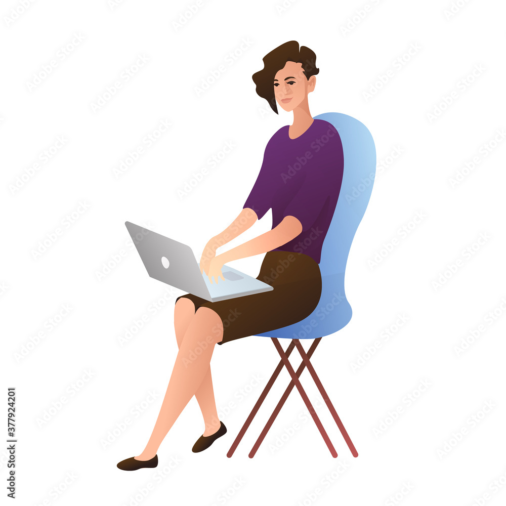 A young girl is sitting with a laptop on a chair. A woman in shorts and a blouse is chatting. Remote work concept. Study online. A young girl is sitting with a laptop on a chair. A woman in shorts and a blouse is chatting. Remote work concept. Study online.