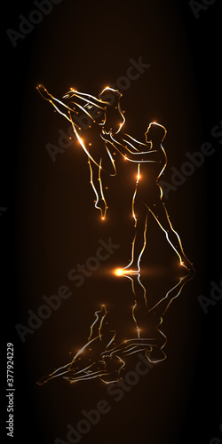Ballet. Ballerina and male dancer holds his partner's waist during a jump, perform pas. Speech at the scene with a mirror image. Abstract silhouette dancers with golden outline on a brown background.