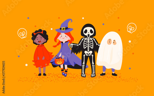 Kids in Halloween costumes party vector illustration. Group of Devil, Witch, Skeleton man and Spooky Ghost isolated on orange background