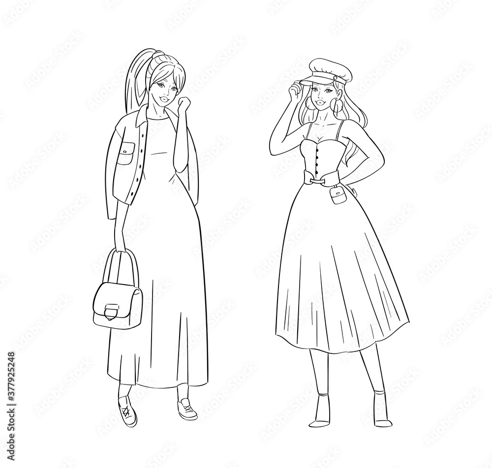 Hand drawn young fashion women in beautiful look. Sketch drawing cute girls hipsters, trendsetters or influencers with stylish outfit, dressed in trendy clothes. Outline vector illustration, doodle Hand drawn young fashion women in beautiful look. Sketch drawing cute girls hipsters, trendsetters or influencers with stylish outfit, dressed in trendy clothes. Outline vector illustration, doodle
