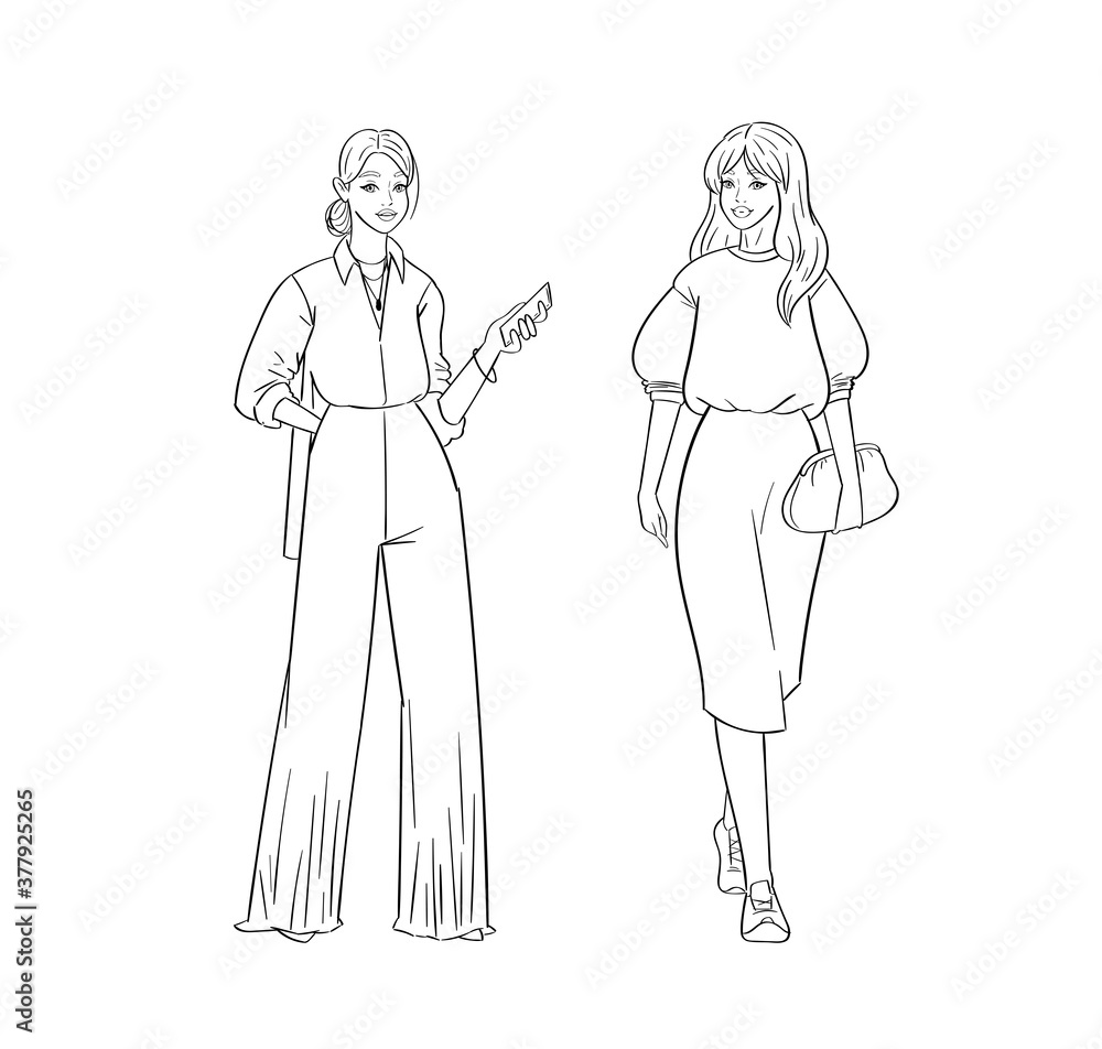 Hand drawn young fashion women in beautiful look. Sketch drawing cute girls hipsters, trendsetters or influencers with stylish outfit, dressed in trendy clothes. Outline vector illustration, doodle Hand drawn young fashion women in beautiful look. Sketch drawing cute girls hipsters, trendsetters or influencers with stylish outfit, dressed in trendy clothes. Outline vector illustration, doodle