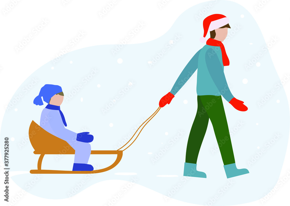 Christmas winter illustration. Father is pulling a sleigh with his son over the snow. A man wears a cap of Santa Claus and red mittens. Vector flat design Christmas winter illustration. Father is pulling a sleigh with his son over the snow. A man wears a cap of Santa Claus and red mittens. Vector flat design