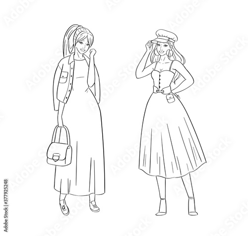 Hand drawn young fashion women in beautiful look. Sketch drawing cute girls hipsters, trendsetters or influencers with stylish outfit, dressed in trendy clothes. Outline vector illustration, doodle