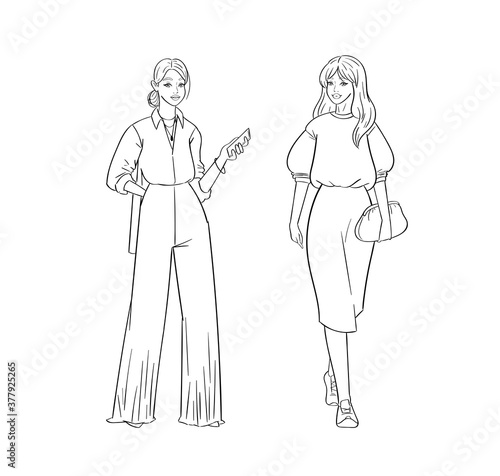 Hand drawn young fashion women in beautiful look. Sketch drawing cute girls hipsters, trendsetters or influencers with stylish outfit, dressed in trendy clothes. Outline vector illustration, doodle