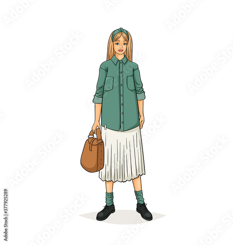 Hand drawn young fashion woman in beautiful look. Sketch drawing cute girl hipster, trendsetter or influencer with stylish outfit, dressed in trendy clothes. Vector illustration.