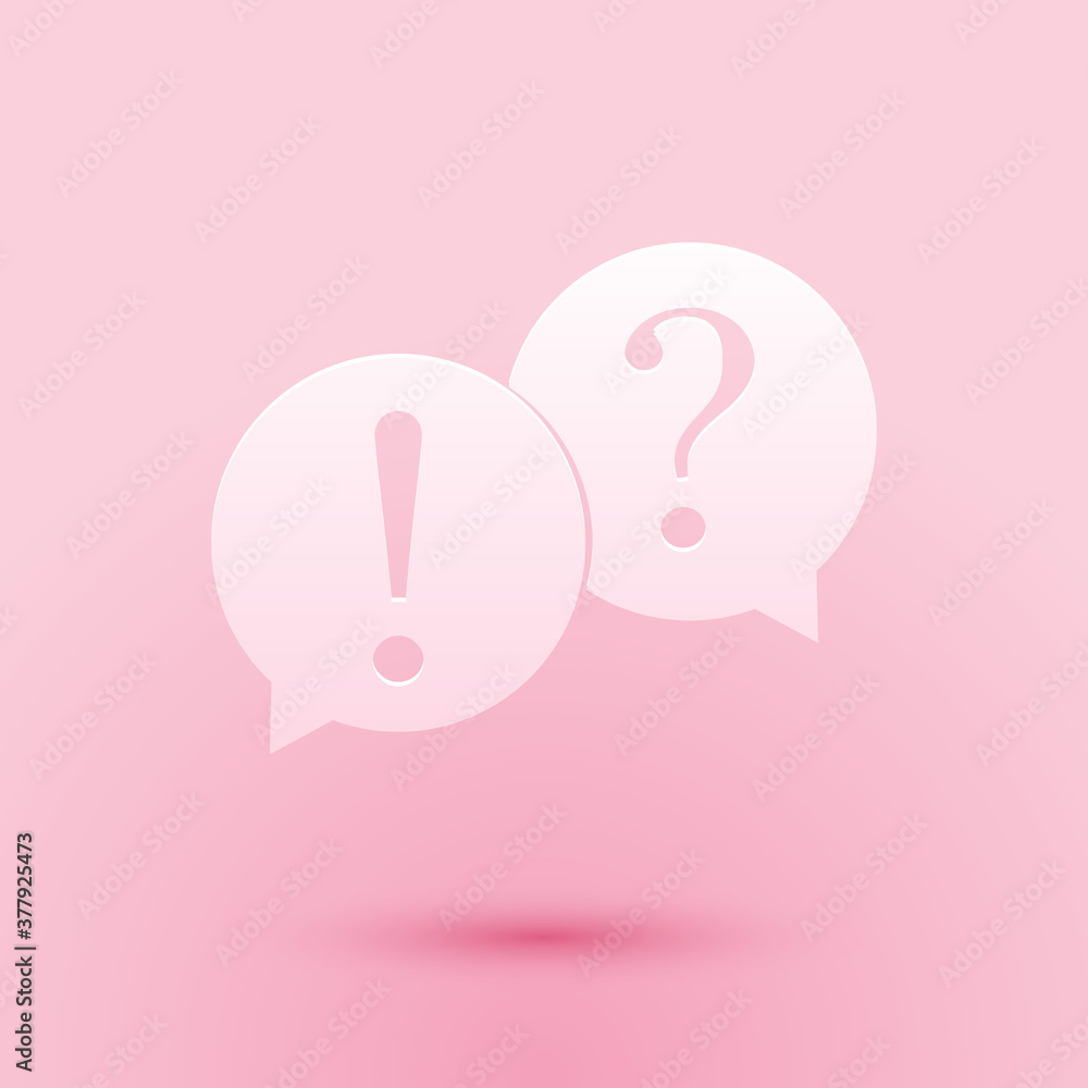Paper cut Speech bubbles with Question and Exclamation marks icon isolated on pink background. FAQ sign. Copy files, chat speech bubble. Paper art style. Vector. Paper cut Speech bubbles with Question and Exclamation marks icon isolated on pink background. FAQ sign. Copy files, chat speech bubble. Paper art style. Vector.