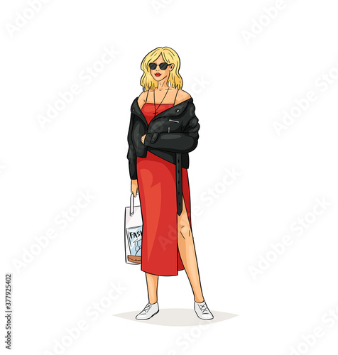 Hand drawn young fashion woman in beautiful look. Sketch drawing cute girl hipster, trendsetter or influencer with stylish outfit, dressed in trendy clothes. Vector illustration.