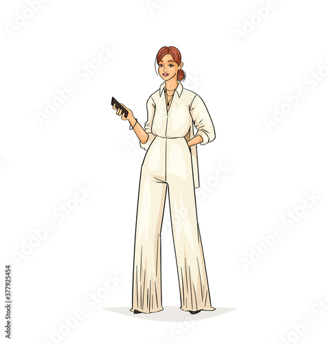Hand drawn young fashion woman in beautiful look. Sketch drawing cute girl hipster, trendsetter or influencer with stylish outfit, dressed in trendy clothes. Vector illustration.
