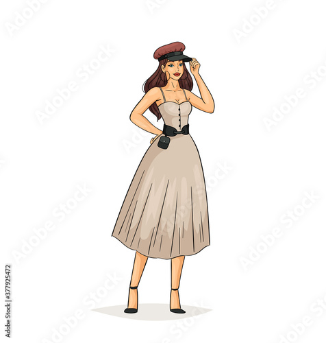 Hand drawn young fashion woman in beautiful look. Sketch drawing cute girl hipster, trendsetter or influencer with stylish outfit, dressed in trendy clothes. Vector illustration.