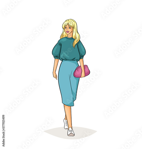Hand drawn young fashion woman in beautiful look. Sketch drawing cute girl hipster, trendsetter or influencer with stylish outfit, dressed in trendy clothes. Vector illustration.
