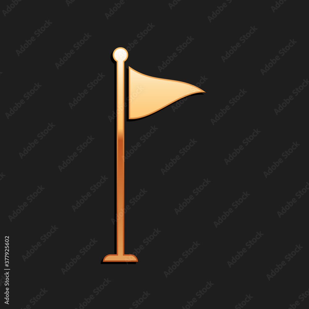 Gold Golf flag icon isolated on black background. Golf equipment or accessory. Long shadow style. Vector. Gold Golf flag icon isolated on black background. Golf equipment or accessory. Long shadow style. Vector.