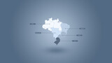 Ilustração 3D do mapa do Brasil e suas regiões em um fundo azul.