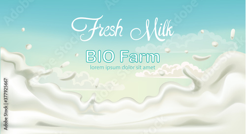 Splashing fresh milk from bio fam with blue sky in background. Place for text