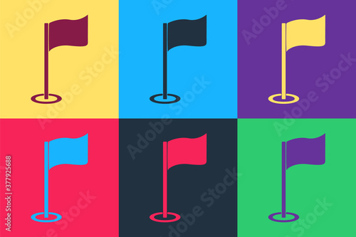 Pop art Golf flag icon isolated on color background. Golf equipment or accessory. Vector.