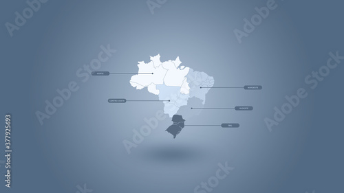 Ilustra    o 3D do mapa do Brasil e suas regi  es em um fundo azul.