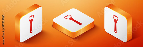 Isometric Bottle opener icon isolated on orange background. Orange square button. Vector.