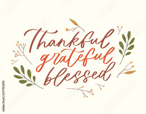 Lettering happy thanksgiving phrase handwritten with calligraphic font and decorated by autumn leaves, mushroom. Colorful seasonal vector illustration quote for holiday greeting card, postcard, poster