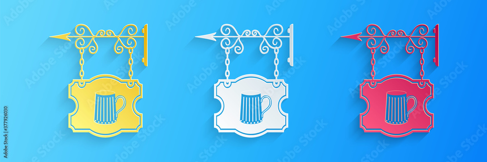 Paper cut Street signboard on forged brackets with wooden mug of beer icon isolated on blue background. Suitable for bar, tavern, cafe, pub, restaurant. Paper art style. Vector.