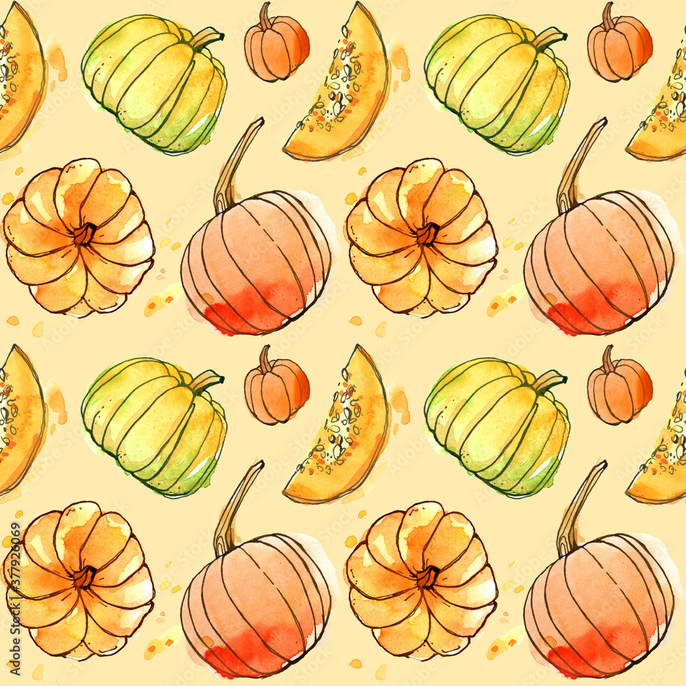 Pumpkin autumn festival harvest holiday leaf splatter pattern watercolor repeating seamless paper background eco nature