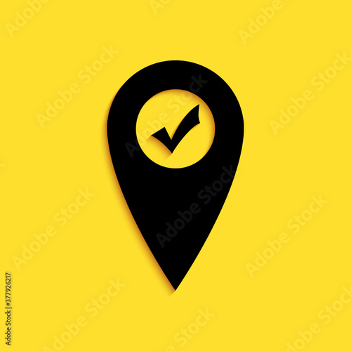 Black Map pointer with check mark icon isolated on yellow background. Marker location sign. Tick symbol. For location maps. Sign for navigation. Long shadow style. Vector. Free Download Black Map pointer with check mark icon isolated on yellow background. Marker location sign. Tick symbol. For location maps. Sign for navigation. Long shadow style. Vector. - GFXLoad