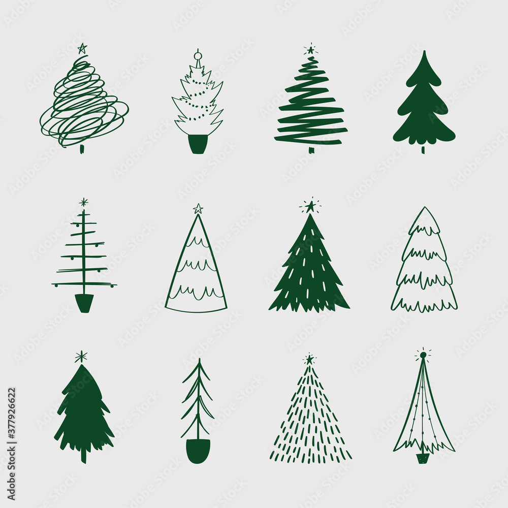 Obraz premium Set of hand drawn doodle Christmas trees. Vector illustration collection of Christmas Eve winter background use for greeting cards, posters, wrapping paper, banners, wallpaper