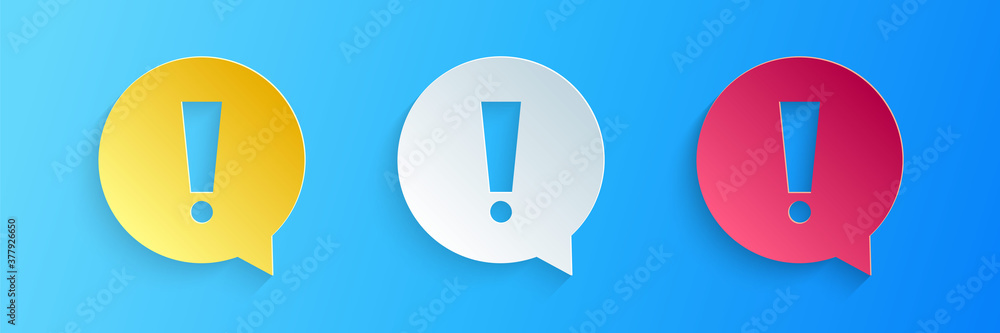 Paper cut Exclamation mark in circle icon isolated on blue background. Hazard warning symbol. Paper art style. Vector. Paper cut Exclamation mark in circle icon isolated on blue background. Hazard warning symbol. Paper art style. Vector.