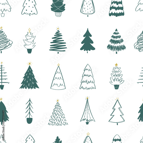 Patten of hand drawn doodle Christmas trees. Vector illustration collection of Christmas Eve winter background use for greeting cards, posters, wrapping paper, banners, wallpaper