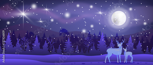 Christmas winter vector landscape with snow, forest, reindeers, moon, night sky, stars. North nature x-mas background with pines silhouette, mountains. Winter minimal landscape in blue colors, aurora