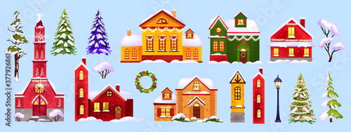 Christmas winter houses illustration collection with snow, village architecture, trees, street lamp. Holiday x-mas set with cartoon fairytale decorated buildings, church. Christmas or new year houses