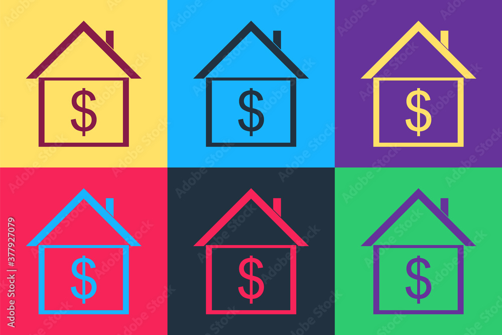 Pop art House with dollar icon isolated on color background. Home and money. Real estate concept. Vector. Pop art House with dollar icon isolated on color background. Home and money. Real estate concept. Vector.