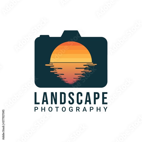 Landscape photographer logo design. Digital camera and lens in the form of sun and water vector design. Nature photographer logotype