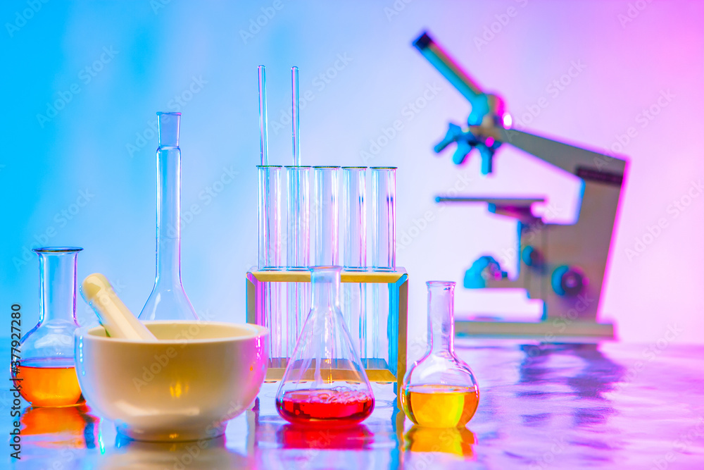 Equipment for the chemistry room at school. Chemical dishes, reagents