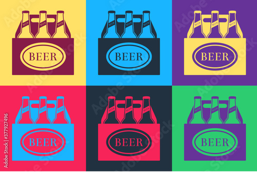 Pop art Pack of beer bottles icon isolated on color background. Case crate beer box sign. Vector.