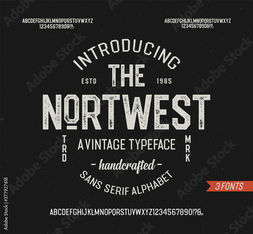 "The Nortwest". Sans Serif Octagonal Alphabet. Retro Typeface. Clean, Textured and Light Versions. Vector Illustration.