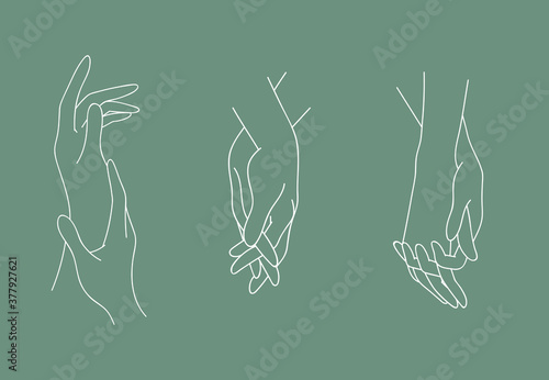 Set of holding outline hands couples with interlocked fingers. Symbol people in love, romance relationship, support, dating, friendship in liner style. Vector illustration isolated on green background