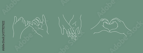 Set of holding outline hands couples with interlocked fingers. Symbol people in love, romance relationship, support, dating, friendship in liner style. Vector illustration isolated on green background