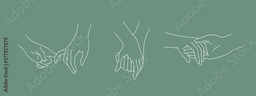 Set of holding outline hands couples with interlocked fingers. Symbol people in love, romance relationship, support, dating, friendship in liner style. Vector illustration isolated on green background