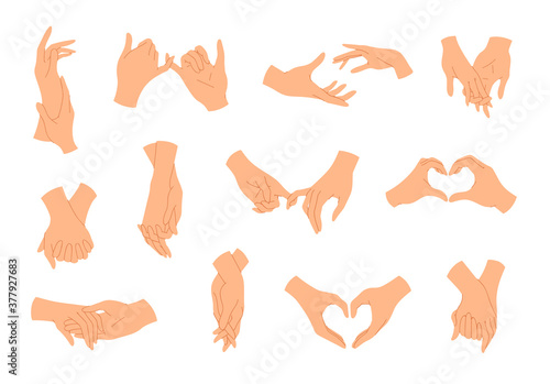 ig set of holding hands couples with interlocked or intertwined fingers. Symbol of people in love, romance relationship, support, dating, friendship. Vector illustration isolated on white background